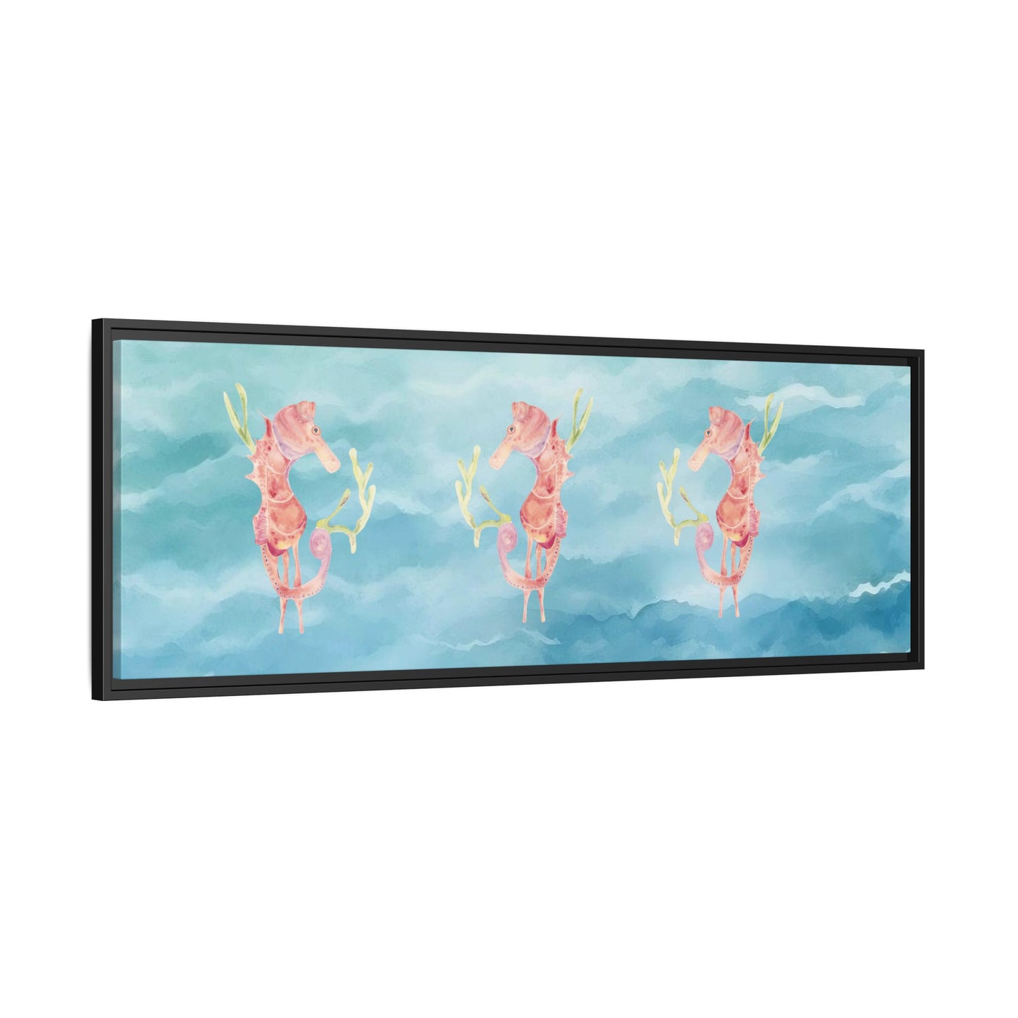 Framed Orange Seahorses on Turquoise Canvas