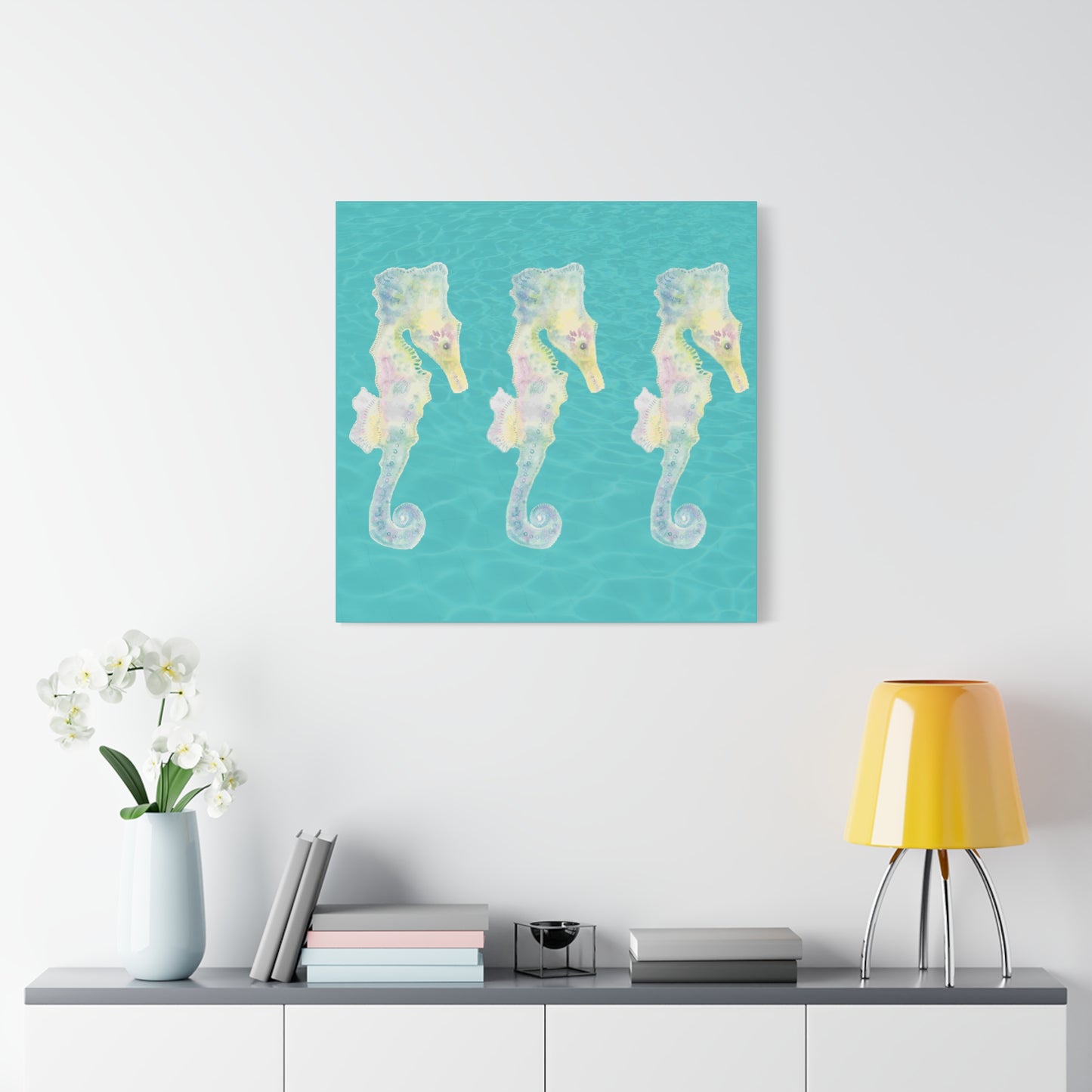 Seahorses on Canvas with a background of Turquoise Water