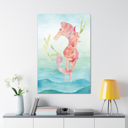 Orange Seahorse with Waves on Canvas