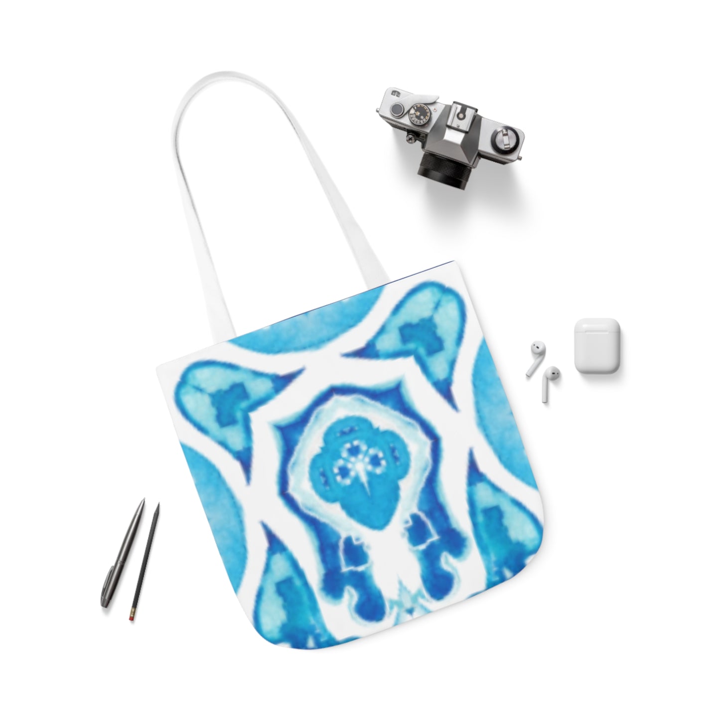 Canvas Tote Bag with Blue and White Design