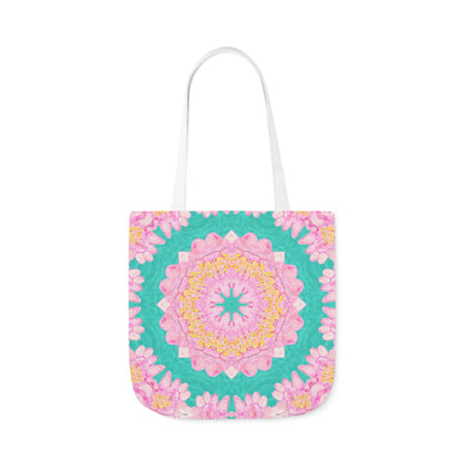 Canvas Tote Bag with Water Lily Pattern on Turquoise