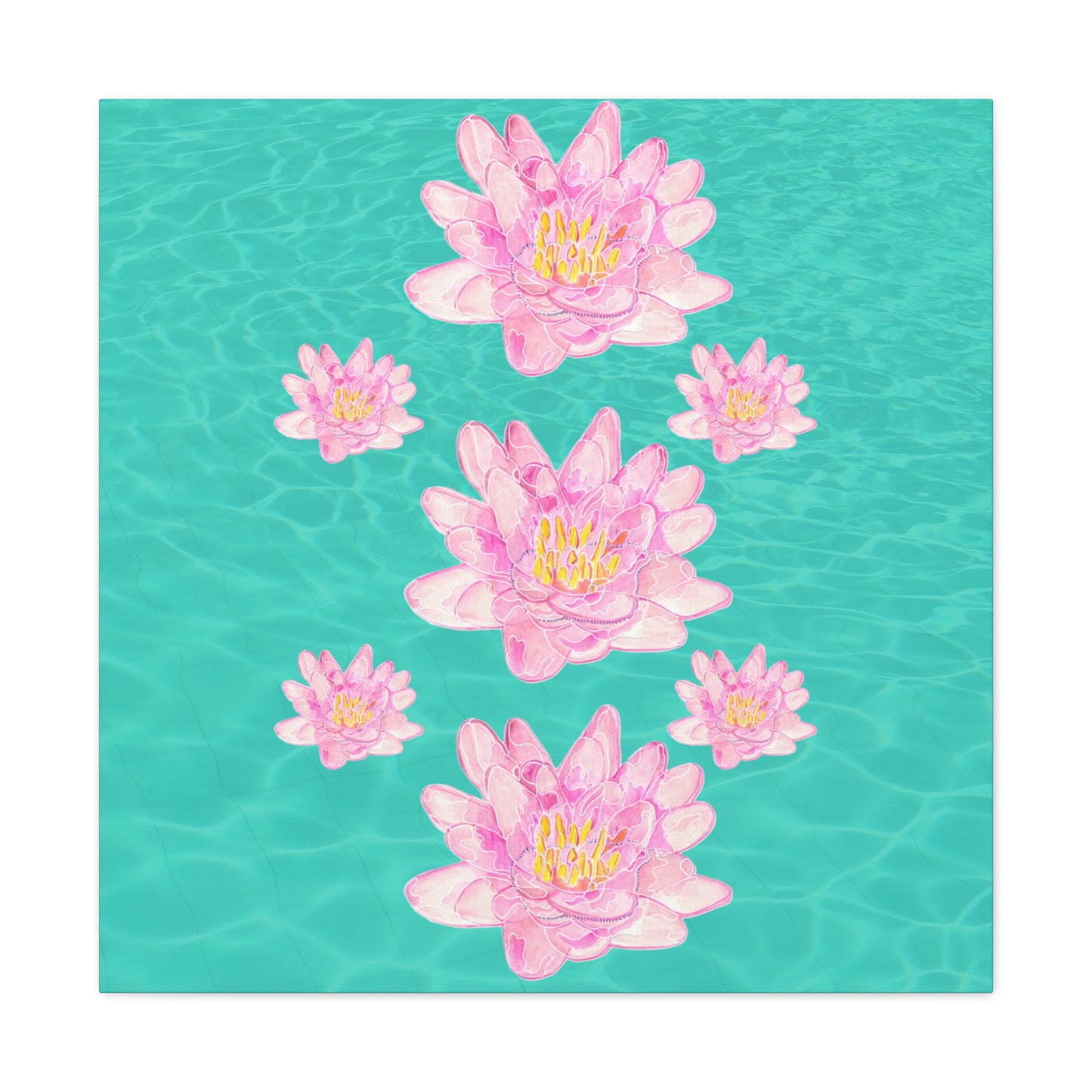 Canvas with Pink Waterlilies on a Turquoise Background of Water