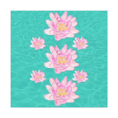 Canvas with Pink Waterlilies on a Turquoise Background of Water