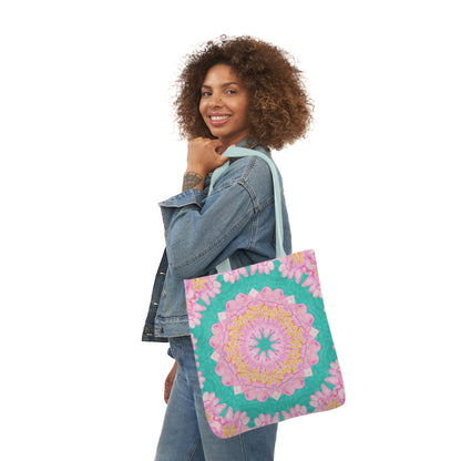 Canvas Tote Bag with Water Lily Pattern on Turquoise