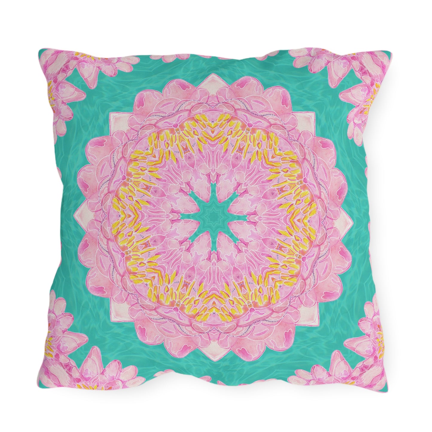 Outdoor Cushion with Pink Water Lily Pattern on a Turquoise Background