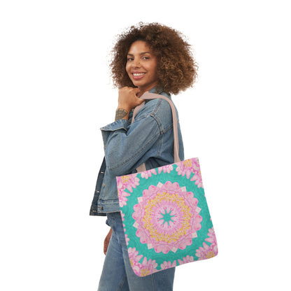 Canvas Tote Bag with Water Lily Pattern on Turquoise