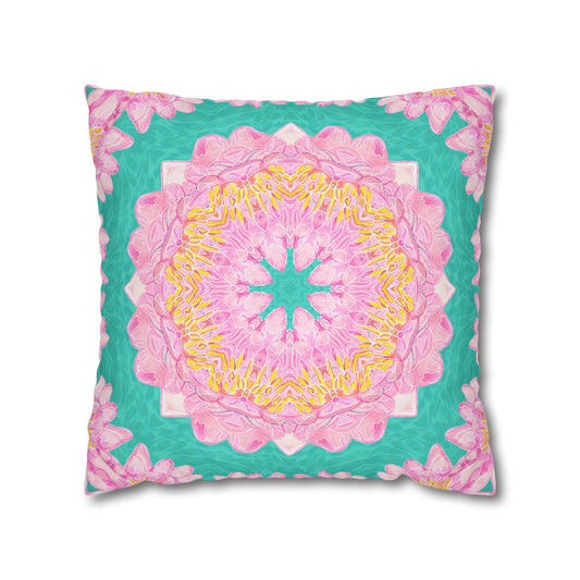 Cushion Cover with Water Lily Design in Pink and Turquoise