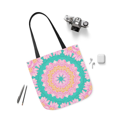 Canvas Tote Bag with Water Lily Pattern on Turquoise