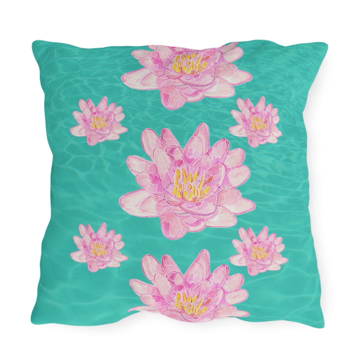 Outdoor Cushion with Pink Waterlilies on a Turquoise Background