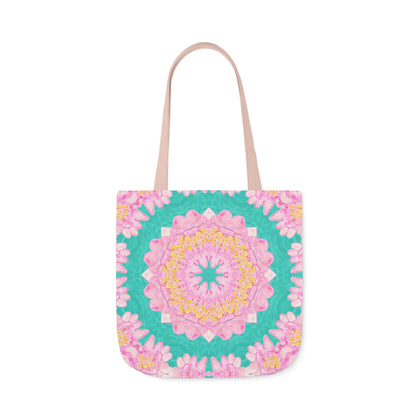 Canvas Tote Bag with Water Lily Pattern on Turquoise