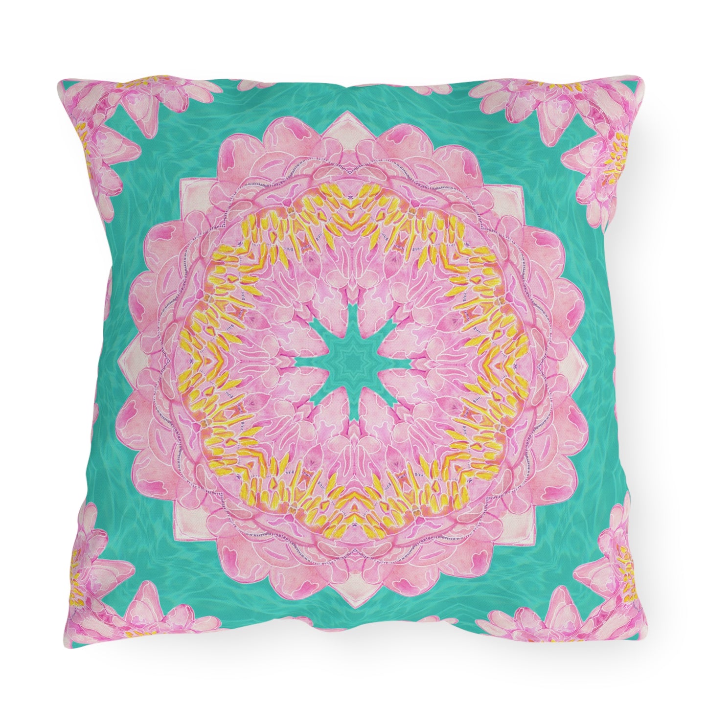 Outdoor Cushion with Pink Water Lily Pattern on a Turquoise Background