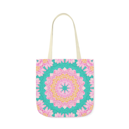 Canvas Tote Bag with Water Lily Pattern on Turquoise