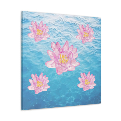 Canvas with Pink Waterlilies on Blue Water