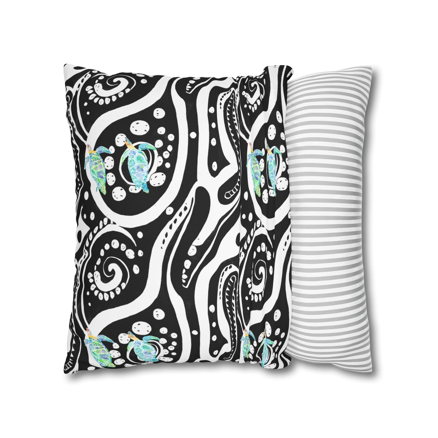 Cushion Cover with Blue Turtles on a Black and White Pattern