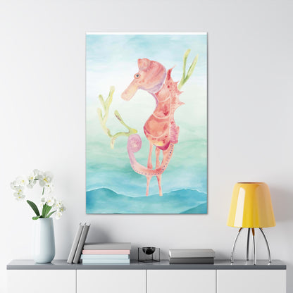 Orange Seahorse with Waves on Canvas