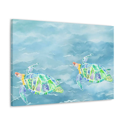 Blue Turtles with Waves on Canvas