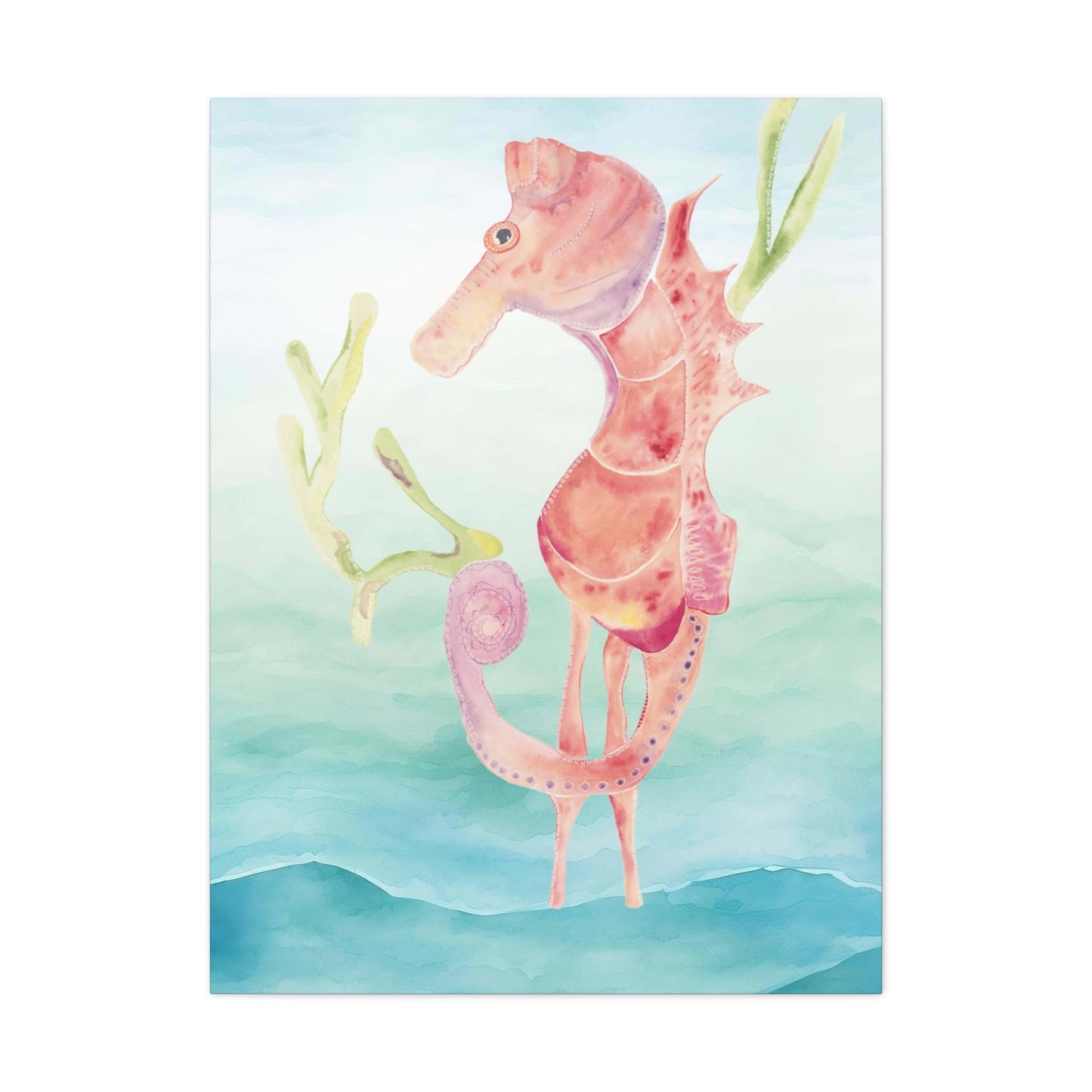 Orange Seahorse with Waves on Canvas