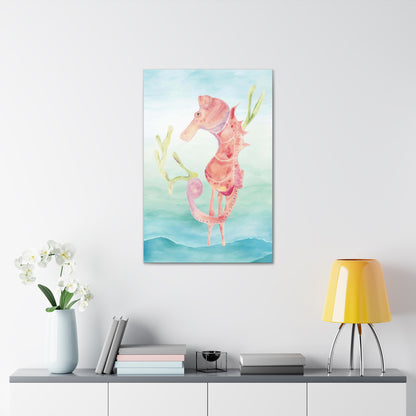 Orange Seahorse with Waves on Canvas