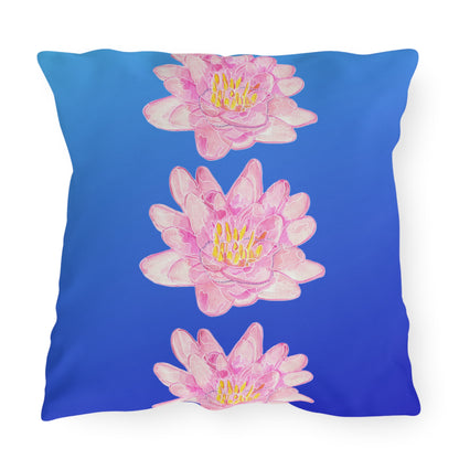 Outdoor Cushion with Pink Waterlilies on a Blue Background