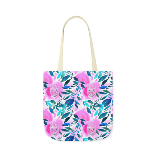 Canvas Tote Bag with Skulls and Floral Pattern