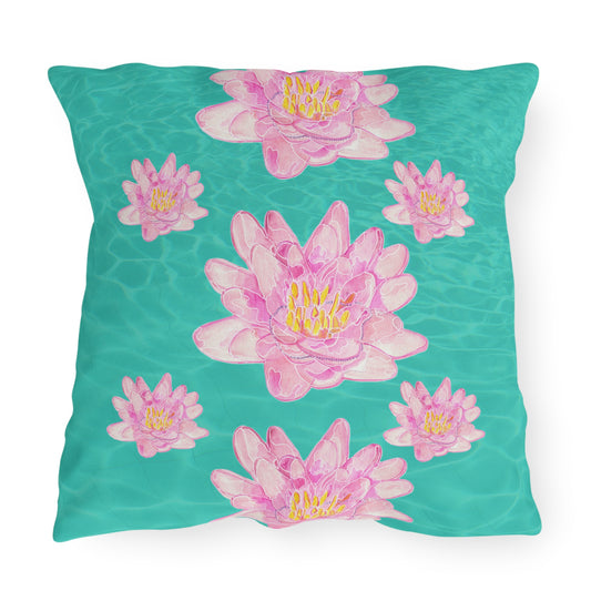 Outdoor Cushion with Pink Waterlilies on a Turquoise Background