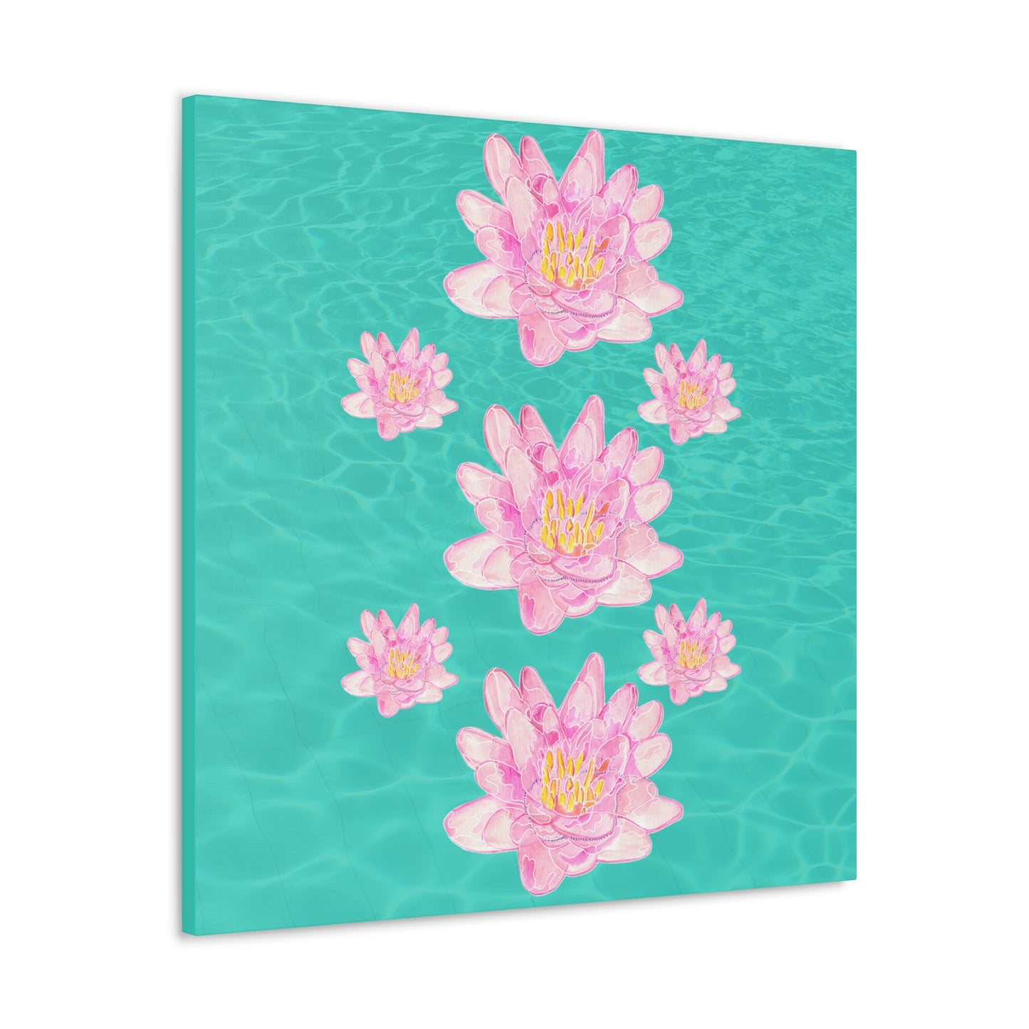 Canvas with Pink Waterlilies on a Turquoise Background of Water