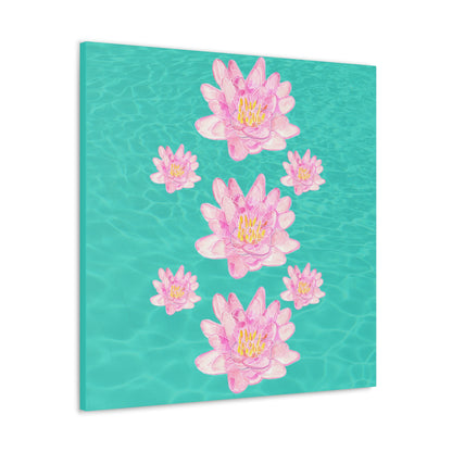 Canvas with Pink Waterlilies on a Turquoise Background of Water