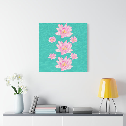 Canvas with Pink Waterlilies on a Turquoise Background of Water