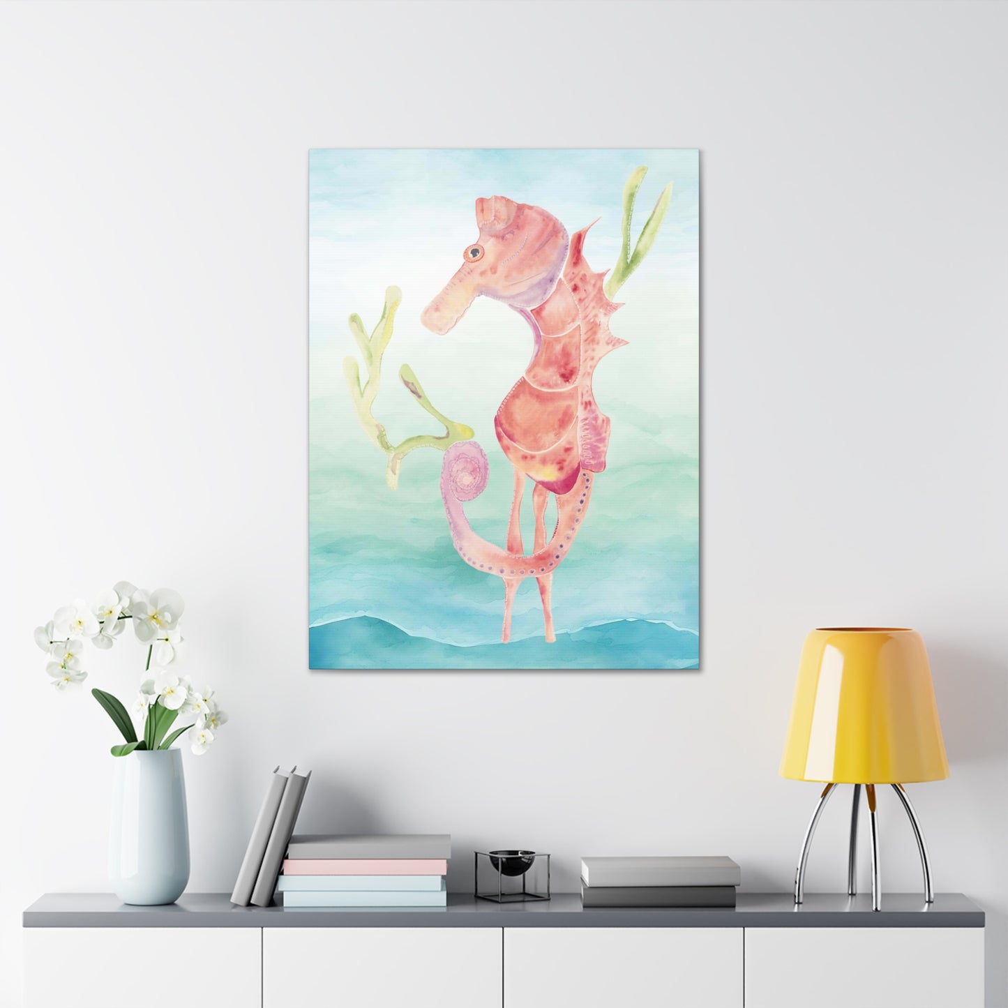 Orange Seahorse with Waves on Canvas