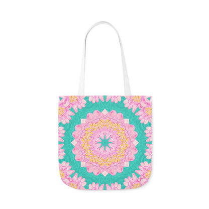 Canvas Tote Bag with Water Lily Pattern on Turquoise