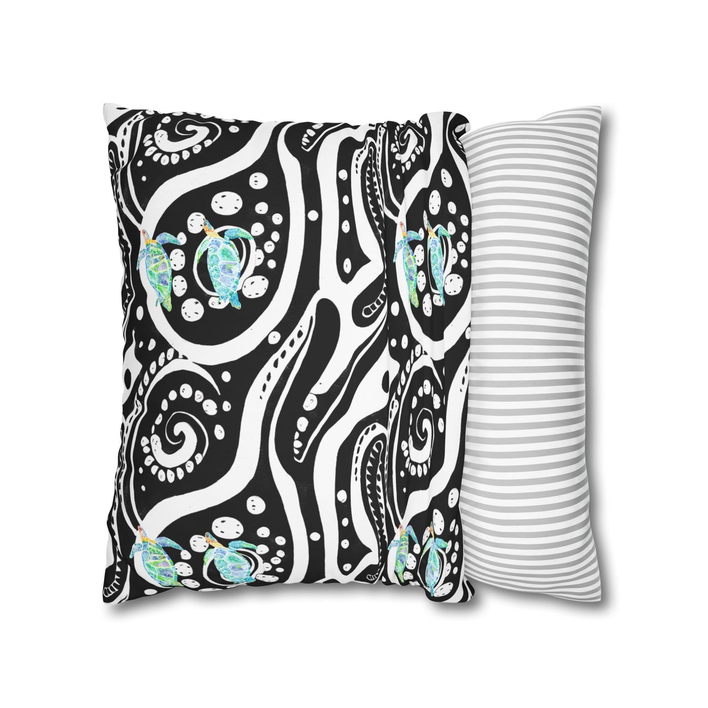 Cushion Cover with Blue Turtles on a Black and White Pattern