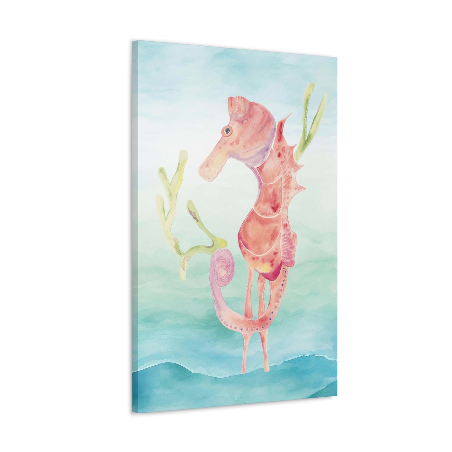 Orange Seahorse with Waves on Canvas