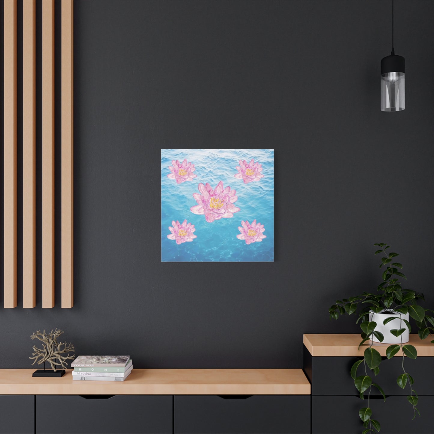 Canvas with Pink Waterlilies on Blue Water