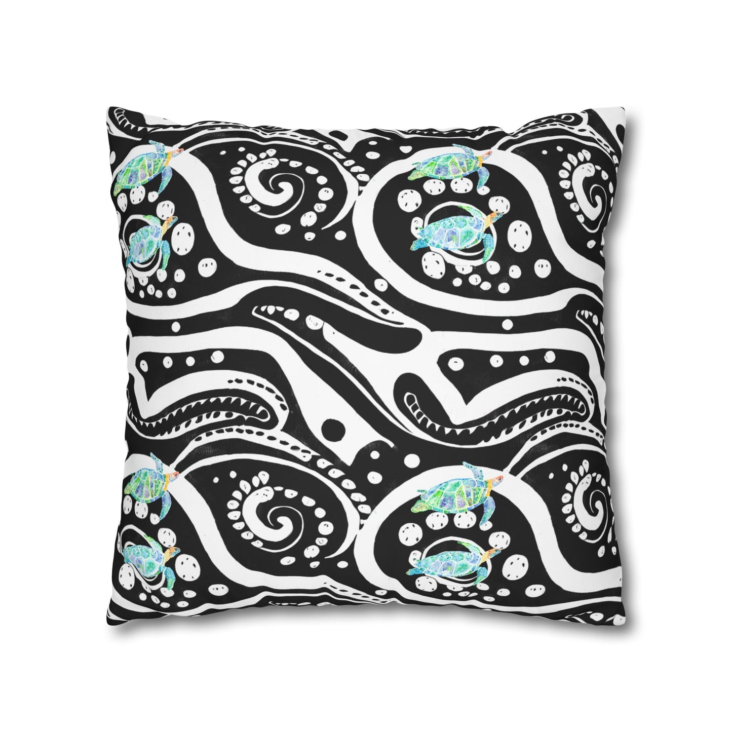 Cushion Cover with Blue Turtles on a Black and White Pattern