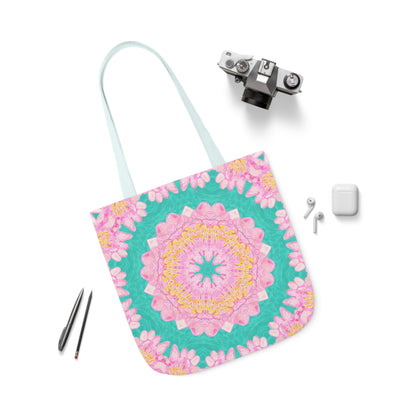 Canvas Tote Bag with Water Lily Pattern on Turquoise