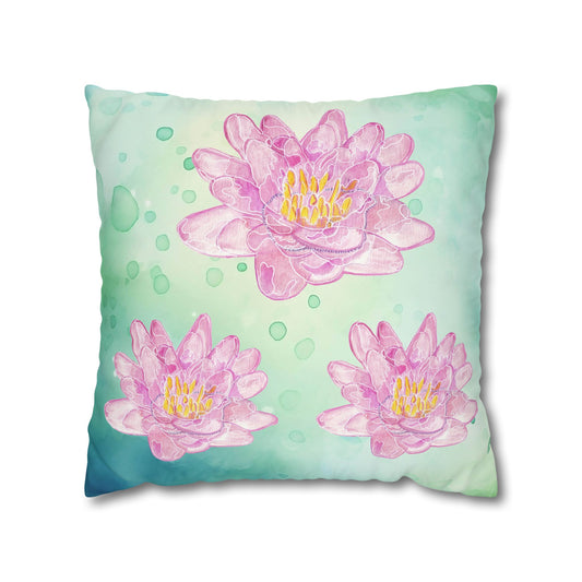 Cushion Cover with Water Lily Design in Pink on Turquoise Water