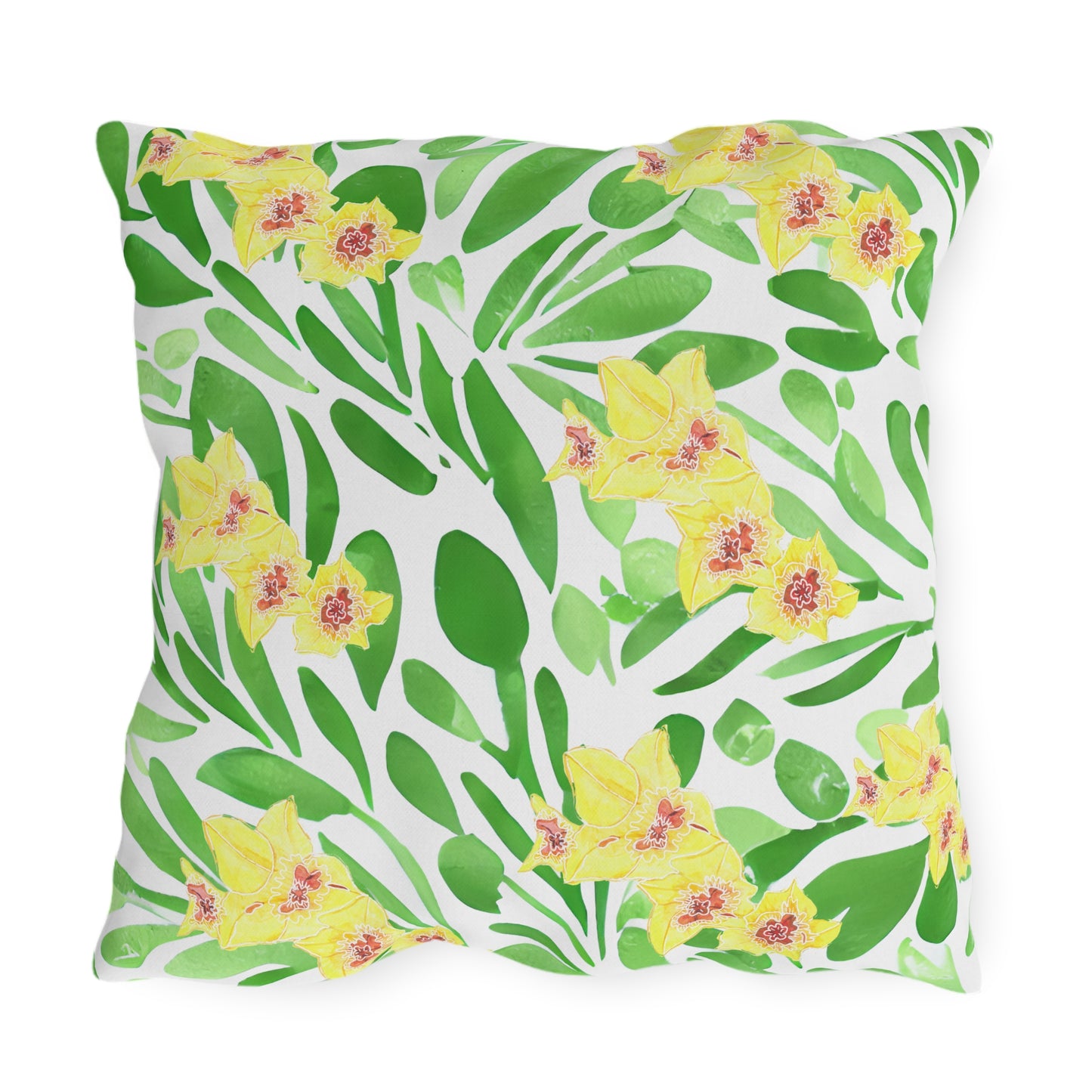 Outdoor Cushion with Yellow Gladioli on Green Leaves