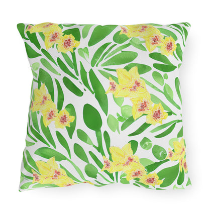 Outdoor Cushion with Yellow Gladioli on Green Leaves