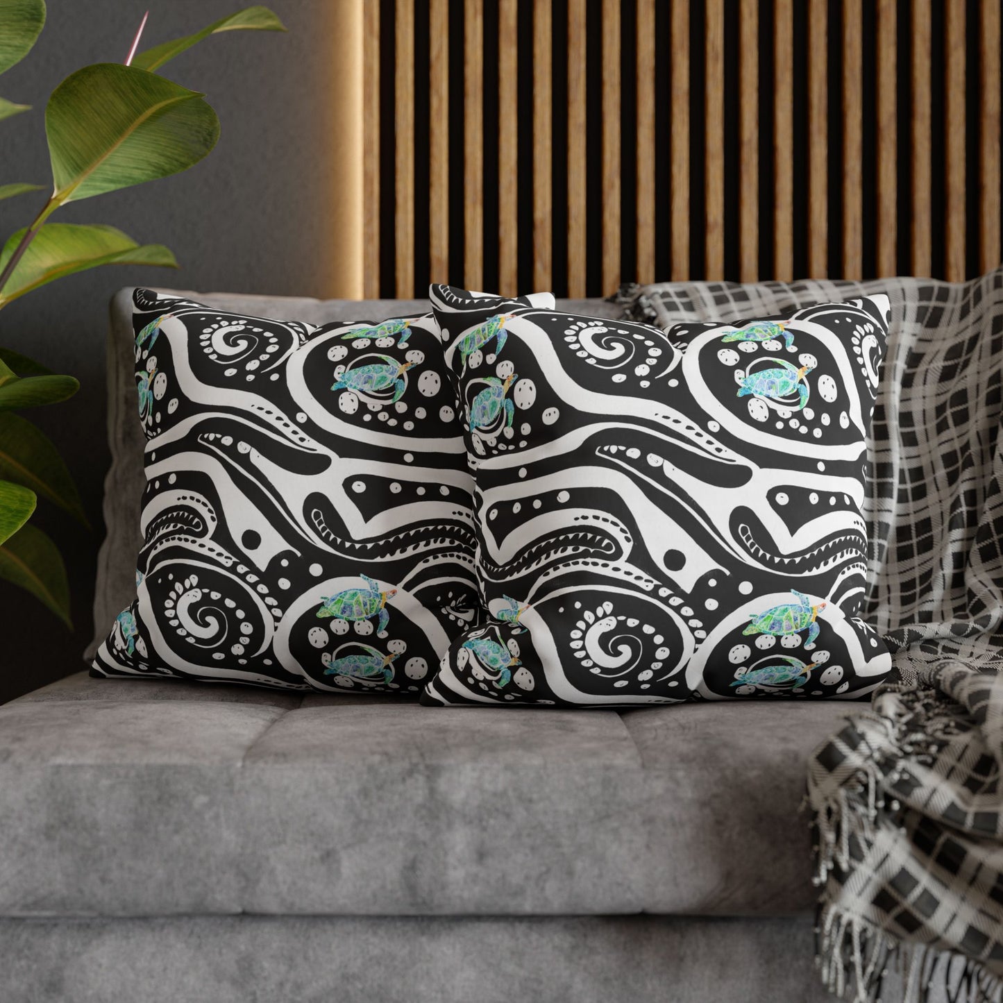 Cushion Cover with Blue Turtles on a Black and White Pattern