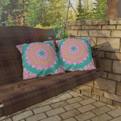 Outdoor Cushion with Pink Water Lily Pattern on a Turquoise Background