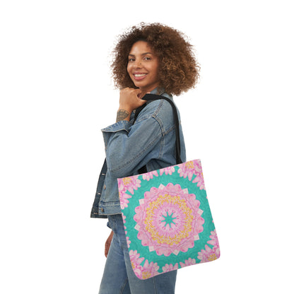 Canvas Tote Bag with Water Lily Pattern on Turquoise