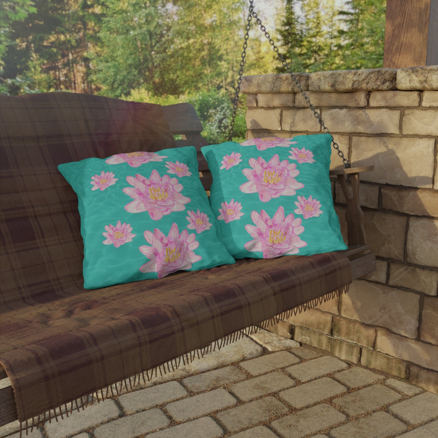 Outdoor Cushion with Pink Waterlilies on a Turquoise Background