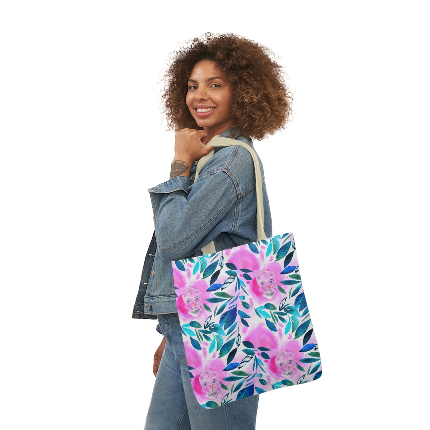 Canvas Tote Bag with Skulls and Floral Pattern