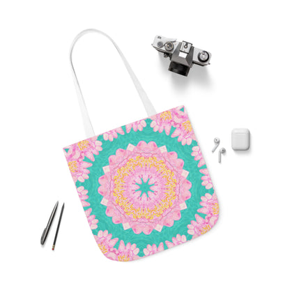 Canvas Tote Bag with Water Lily Pattern on Turquoise