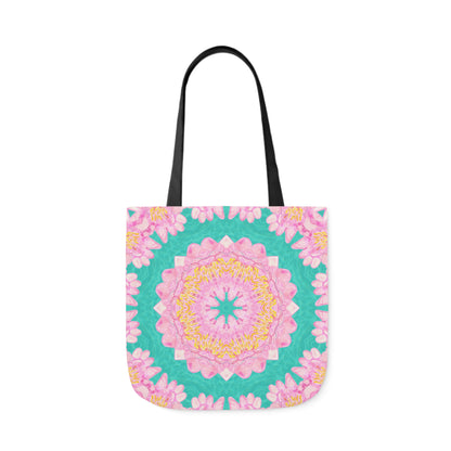 Canvas Tote Bag with Water Lily Pattern on Turquoise