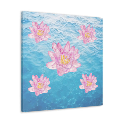 Canvas with Pink Waterlilies on Blue Water