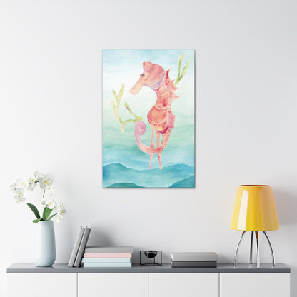 Orange Seahorse with Waves on Canvas