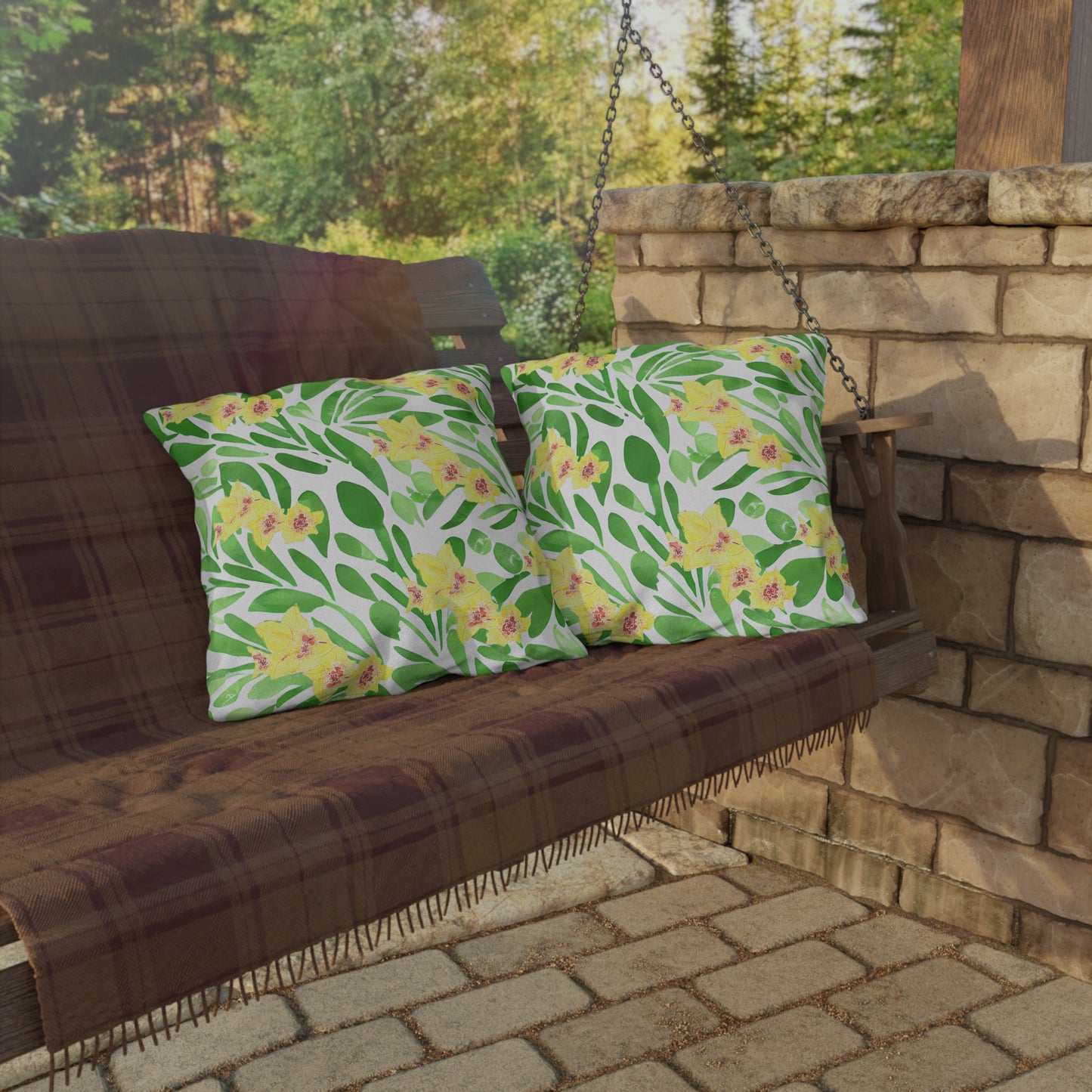 Outdoor Cushion with Yellow Gladioli on Green Leaves