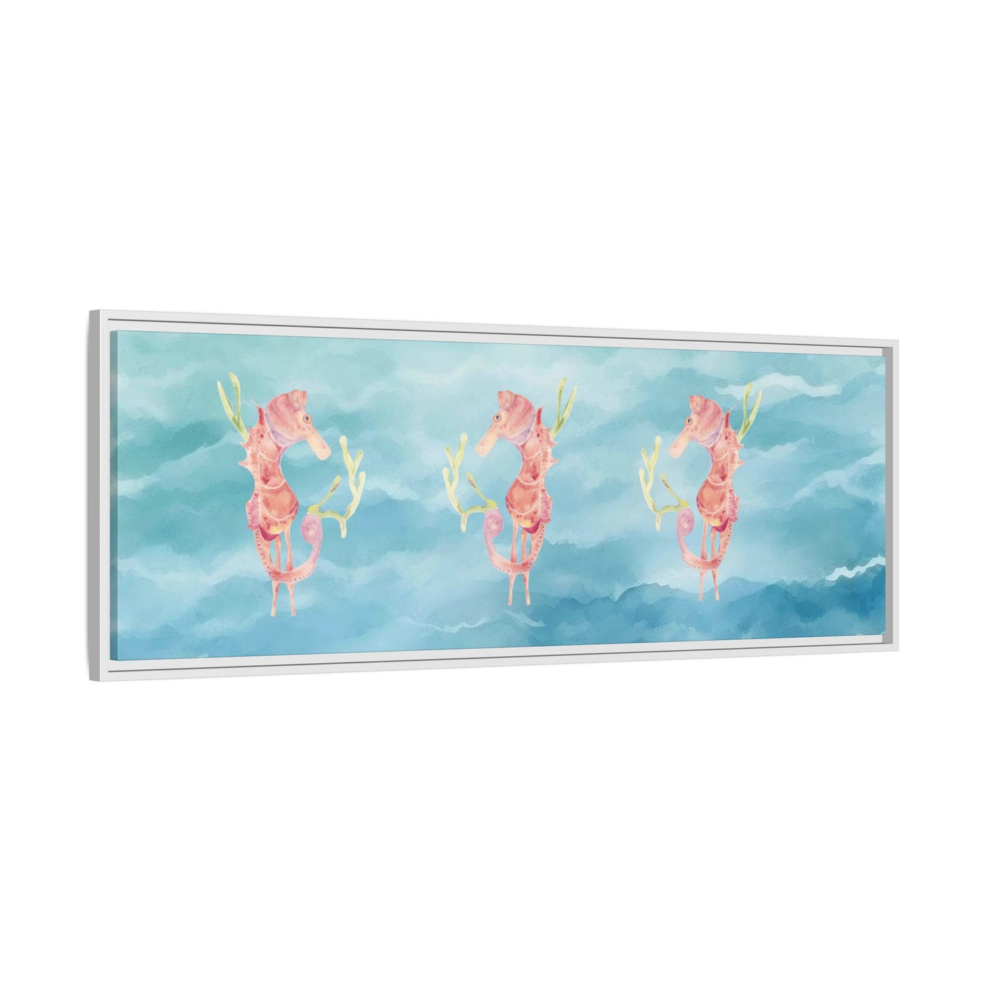 Framed Orange Seahorses on Turquoise Canvas