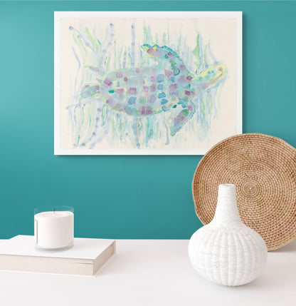 Turtle in Blues and Purples Navigating Through The Reeds